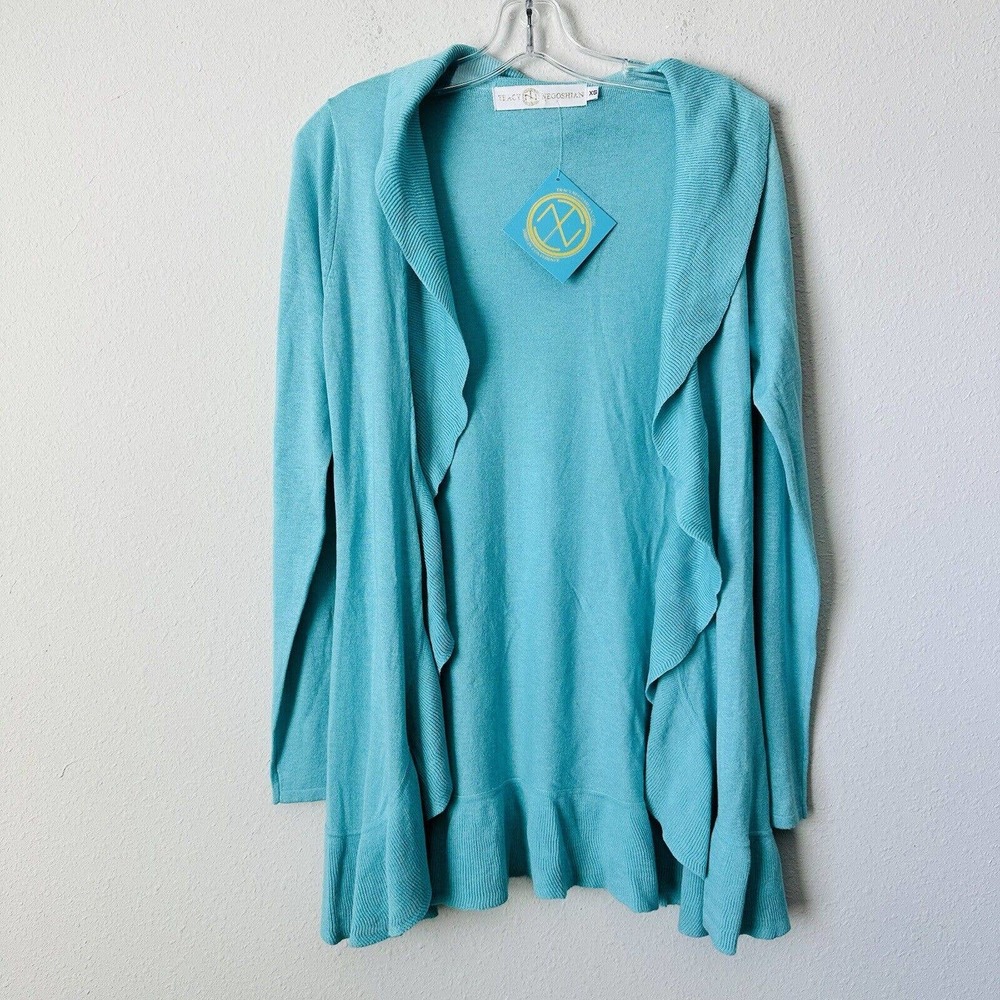 Tracy Negocian Nancy Teal Ruffle Open Front Cardigan Sweater